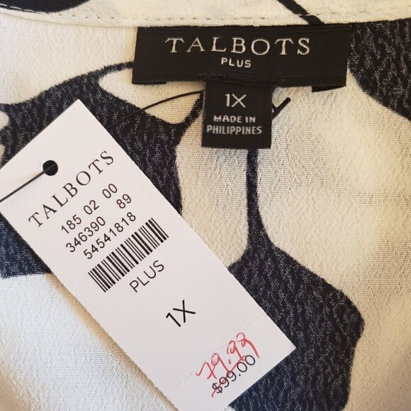 Talbots Feminine Crossbody Wrap Blouse Black & White Leaf Design, Size 1X - Picture 10 of 12